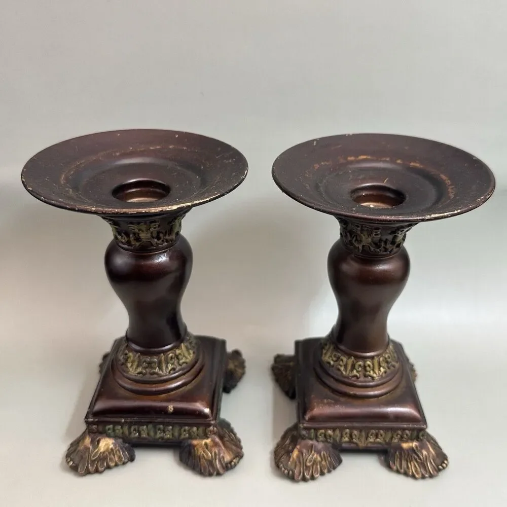 VTG Chinoiserie Pillar Candle Holders Pair Asian Ornate Pedestal w/Candle